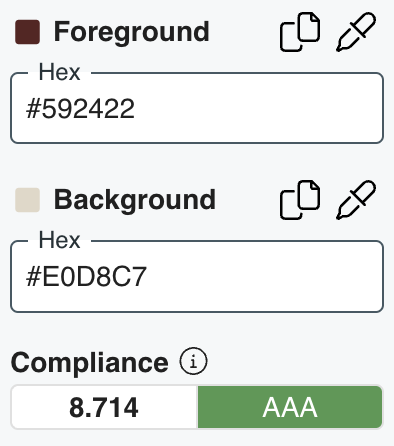 Colour contrast testing results for WCAG AA pass and fail on typography and UI elements